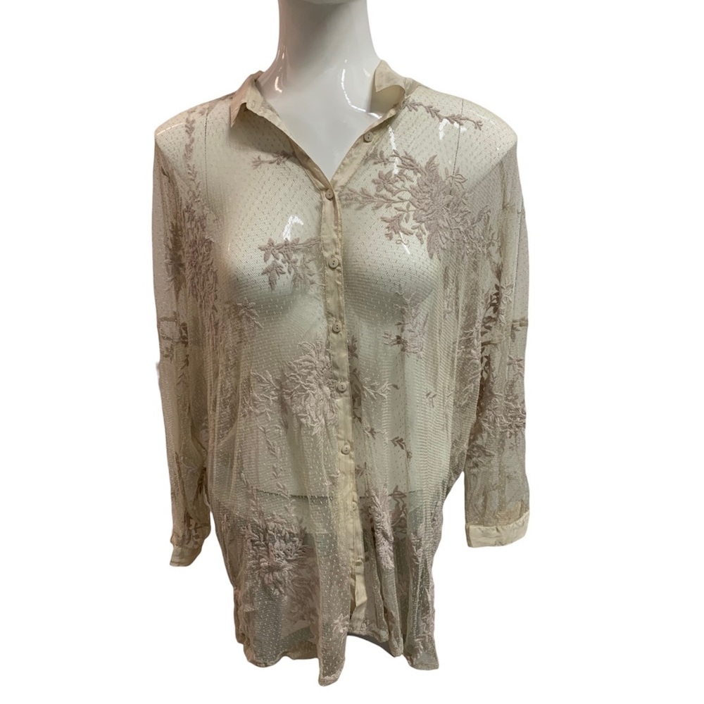 Sheer lace cream lavender button up